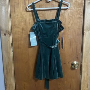 Johnny Wujek Size X Small Green Fo-Velvet Mini Dress Rhinestone Star Belt NWT